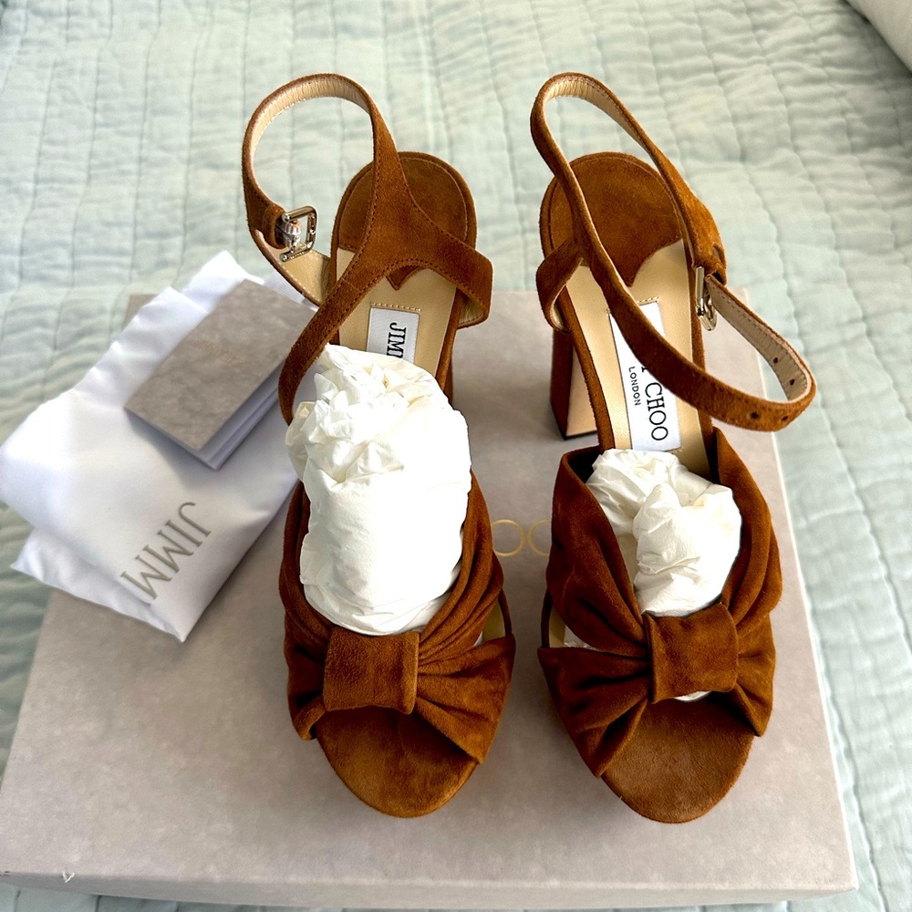 NIB orig box + dust bag: Jimmy Choo Heloise tan suede platform sandals size 38.5